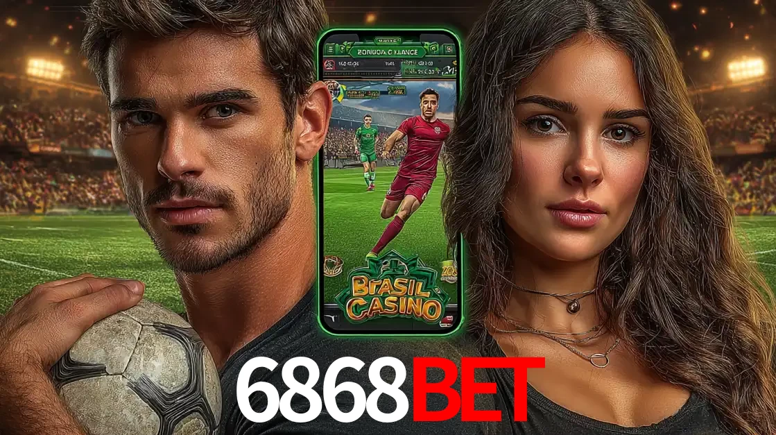 Homem segurando uma bola de futebol e uma mulher ao lado de um smartphone exibindo o jogo de apostas esportivas da 6868BET. Faça seu palpite no cassino online.